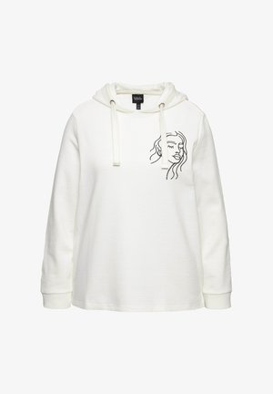 Bílá mikina s kapucí vyrobená z měkké látky s dlouhými rukávy. Obsahuje stahovací kapuci a černobílou ilustraci obličeje na hrudi.