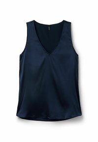 Marinblå satin ärmlös topp med V-ringning. Slät textur, rak skärning och en lätt rundad fåll längst ner.