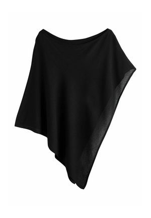 Black asymmetrical poncho with wide boat neckline, draped fabric, and a slightly sheer texture on one side.
