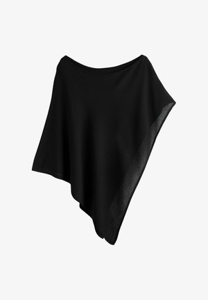 Schwarzer asymmetrischer Poncho mit weitem Bootsausschnitt, drapiertem Stoff und einer leicht durchscheinenden Textur auf einer Seite.