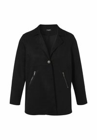 Zwarte faux suede jack met een enkele knoopsluiting, reverskraag en twee ritszakken aan de voorkant. Heeft lange mouwen en een rechte snit.