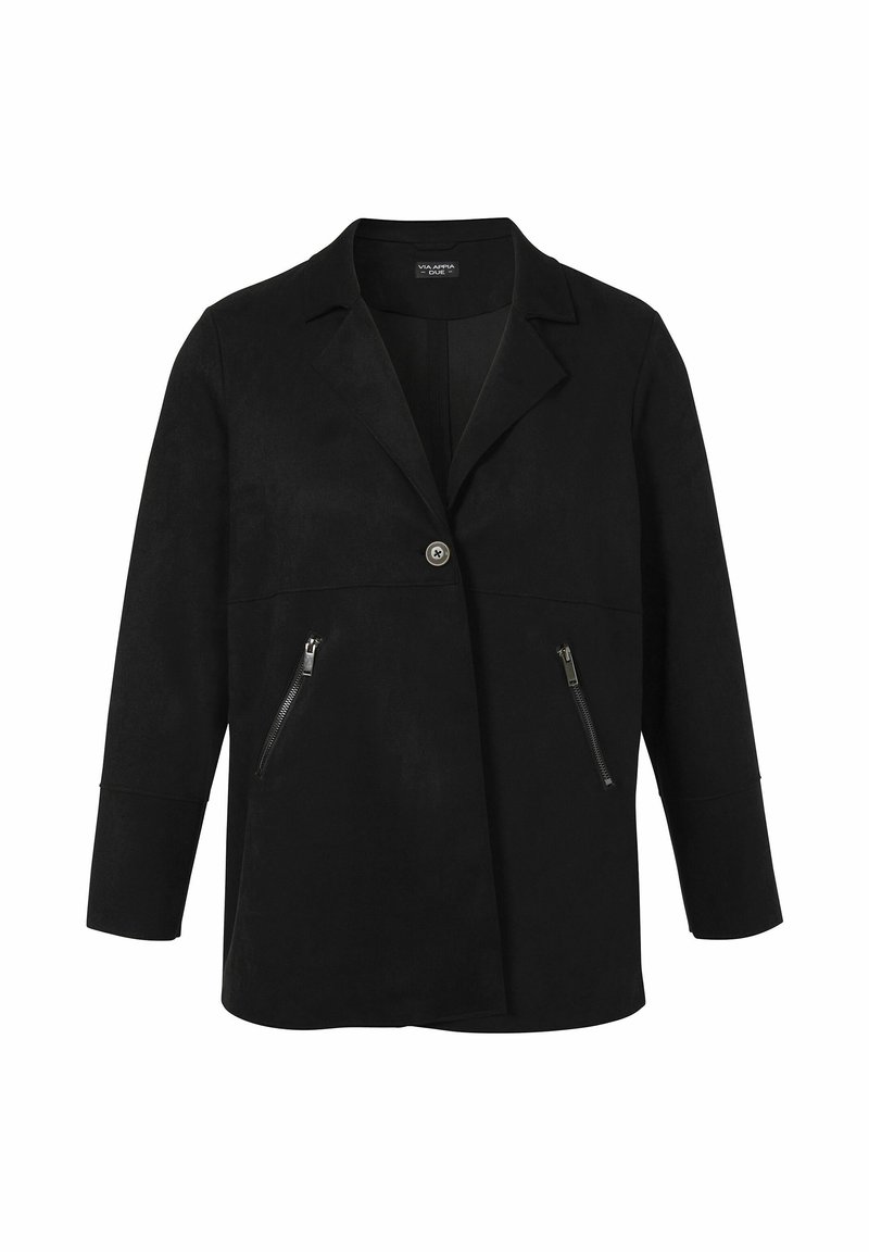 Zwarte faux suede jack met een enkele knoopsluiting, reverskraag en twee ritszakken aan de voorkant. Heeft lange mouwen en een rechte snit.