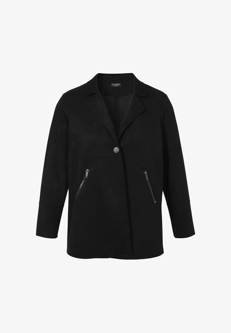 Zwarte faux suede jack met een enkele knoopsluiting, reverskraag en twee ritszakken aan de voorkant. Heeft lange mouwen en een rechte snit.