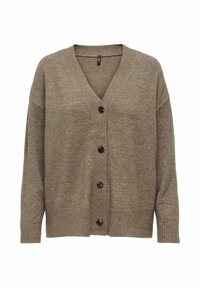Brauner Strickcardigan mit V-Ausschnitt, sechs schwarzen Knöpfen, gerippten Bündchen und Saum. Weicher Stoff und entspannter Schnitt.