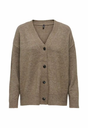Brązowy sweter z dzianiny z dekoltem w kształcie V, sześcioma czarnymi guzikami, ściągaczami przy mankietach i dole. Miękka tekstura i luźny krój.
