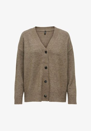 Brązowy sweter z dzianiny z dekoltem w kształcie V, sześcioma czarnymi guzikami, ściągaczami przy mankietach i dole. Miękka tekstura i luźny krój.