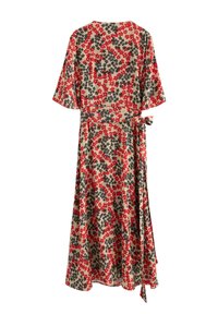 Abito floreale beige con motivi rossi e neri, maniche corte, scollatura rotonda e cintura con fiocco in vita. Silhouette a forma di A.