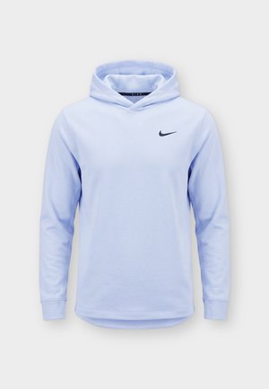 Φωτεινό μπλε φούτερ Nike με μακριά μανίκια, κουκούλα και μικρό μαύρο λογότυπο Nike swoosh στο αριστερό μέρος του στήθους.