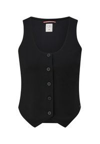 Zwarte mouwloze knoopvest met ronde halslijn en spitse zoom, maat 36, van het merk QS.
