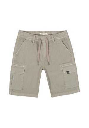 Short cargo gris clair avec taille élastique, cordon de serrage, deux poches avant et deux poches latérales à rabat avec boutons.