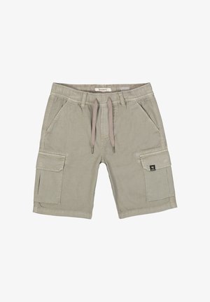 Short cargo gris clair avec taille élastique, cordon de serrage, deux poches avant et deux poches latérales à rabat avec boutons.