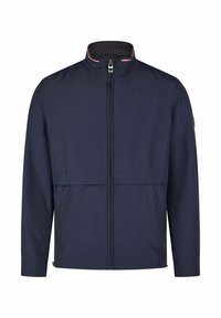 Marineblaue Jacke mit Reißverschluss vorne, hohem Kragen und zwei Fronttaschen. Hergestellt aus leichtem Material mit glatter Textur und minimalistischen Akzenten.
