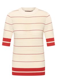 Cream short-sleeve sweater with red and white horizontal stripes. Features a ribbed neckline and cuffs. Textured knit material.