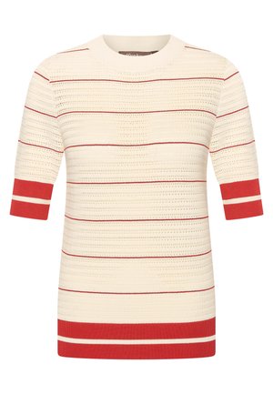Crème trui met korte mouwen en rood-witte horizontale strepen. Voorzien van een ribgebreide halslijn en boorden. Gelaagd breimateriaal.