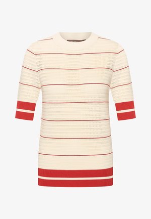 Pull court à manches courtes crème avec des rayures horizontales rouges et blanches. Il présente un col et des poignets côtelés. Tissu en maille texturée.