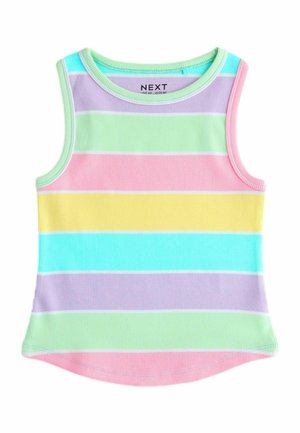 Bezrukávový rebrovaný top s horizontálnymi pastelovými pruhmi v zelenej, fialovej, ružovej, žltej a modrej farbe, s okrúhlym výstrihom.