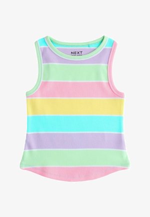 Bez rękawów prążkowany top z poziomymi paskami w pastelowych kolorach: zielonym, fioletowym, różowym, żółtym i niebieskim, z okrągłym dekoltem.