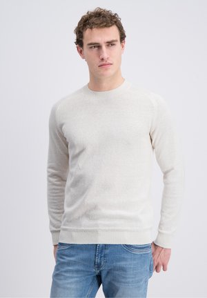 Junger Mann mit lockigem Haar, der einen weißen Pullover mit langen Ärmeln und blaue Jeans trägt und leicht zur Seite mit neutralem Gesichtsausdruck blickt.