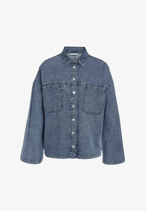 Denim jacket in medium blue with long sleeves, two front pockets, button closure, and subtle texture. Casual, relaxed fit design.