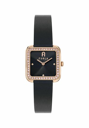 Furla ruutkellal must nahast rihm, kuldse tooni korpus, must kelladial ja kristallkaunistus ümber äärise.