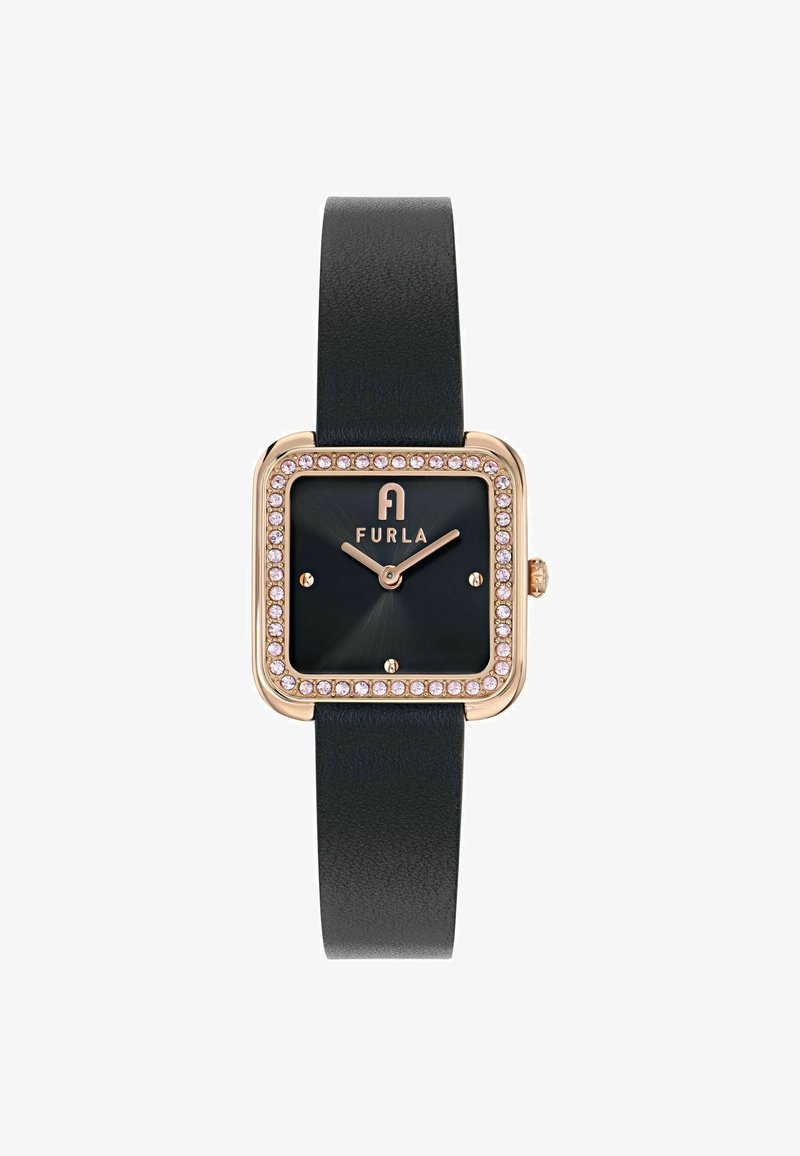 Furla ruutkellal must nahast rihm, kuldse tooni korpus, must kelladial ja kristallkaunistus ümber äärise.