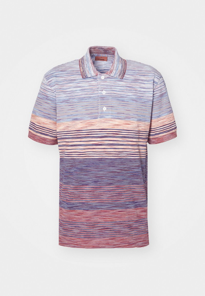 Kurzarmpoloshirt mit horizontalen Streifen in Blau-, Pfirsich- und Rottönen. Hergestellt aus leichtem Material mit Kragen und Knopfleiste.