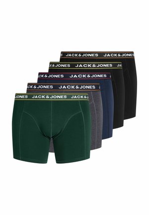 Fem par herre boxershorts i grøn, grå, marineblå og to sorte par, hver med branded linninger med teksten "JACK & JONES".