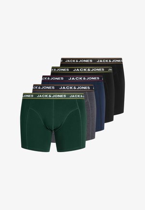 Cinq paires de boxers pour hommes en vert, gris, bleu marine et deux paires noires, chacune avec une ceinture de marque "JACK & JONES".