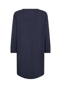 Túnica de manga larga azul marino con escote redondo, que presenta un dobladillo recto y aberturas laterales, fabricada con un tejido suave y liso.