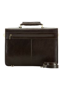 Bolsa para portátil de cuero marrón con asa superior y correa de hombro desmontable. Cuenta con un bolsillo frontal con cremallera y un diseño limpio y elegante.