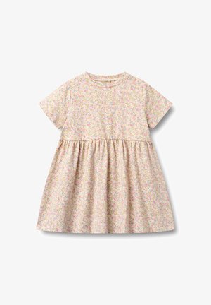 Babykleid mit kurzen Ärmeln, geraffter Taille und einem durchgehenden pastellfarbenen Blumenmuster in Pink, Gelb und Blau auf hellem Hintergrund.