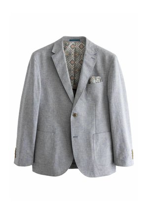 Light gray blazer in textured fabric with a two-button closure, dual front pockets, and patterned lining. Includes a matching pocket square detail.