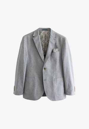 Light gray blazer in textured fabric with a two-button closure, dual front pockets, and patterned lining. Includes a matching pocket square detail.