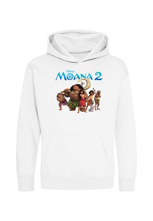 Felpa bianca con cappuccio con logo di Moana 2 e personaggi del film d'animazione, tra cui Moana, Maui e altri in piedi in gruppo.
