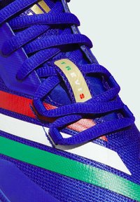 Scarpa sportiva colorata con una tomaia in tessuto prevalentemente viola, strisce rosse e verdi, e un'etichetta dorata per i lacci con la scritta "TREVIS."