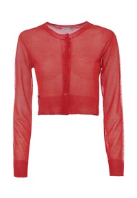 Cardigan rosso corto in materiale trasparente, con maniche lunghe, scollatura rotonda e chiusura a bottoni sul davanti.