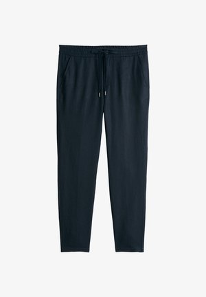 Czarne casualowe spodnie z elastycznym pasem, sznurkiem do regulacji, przednimi kieszeniami i prostymi nogawkami, odpowiednie do noszenia na co dzień lub na luzie.