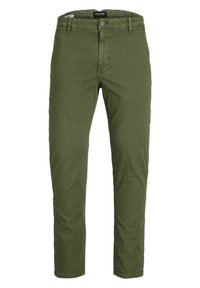 Chinos verde oliva con una vestibilità slim, materiale di cotone resistente, chiusura frontale con bottone e passanti per cintura con una texture liscia.