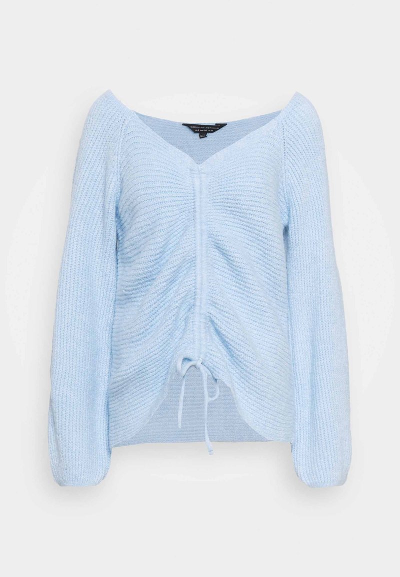 Lichtblauwe gebreide trui met V-hals, lange mouwen en gerimpelde details aan de voorkant. Voorzien van een trekkoord aan de onderkant voor aanpassing.