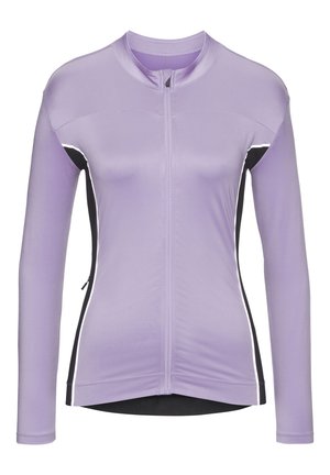 Light purple long-sleeve cycling jersey featuring a front zip, contrasting black side panels, and white accent stripes. Smooth, stretchy material.