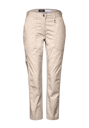 Beige bomuldsbukser med lige ben design, der har to frontlommer, en lynlåslomme på siden og knapdetaljer.