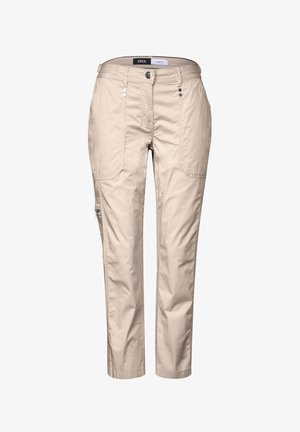 Pantalons en coton beige avec une coupe droite, comportant deux poches avant, une poche zippée sur le côté et des accents de boutons.