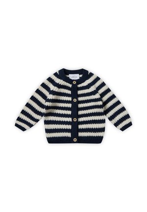 Gebreide cardigan met marineblauwe en crèmekleurige horizontale strepen, voorzien van een ronde halslijn, lange mouwen en houten knopen aan de voorkant.