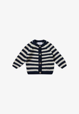 Gebreide cardigan met marineblauwe en crèmekleurige horizontale strepen, voorzien van een ronde halslijn, lange mouwen en houten knopen aan de voorkant.
