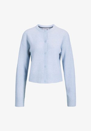 Ljusblå cardigan i mjukt material, med rund halsringning, knapprad, ribbade ärmslut och kortad nederkant.