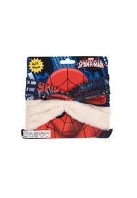 Spider-Man thema cadeau masker met een blauwe en rode stof met webpatronen, zachte witte nepbont voering en een gedurfde superheldenontwerp.
