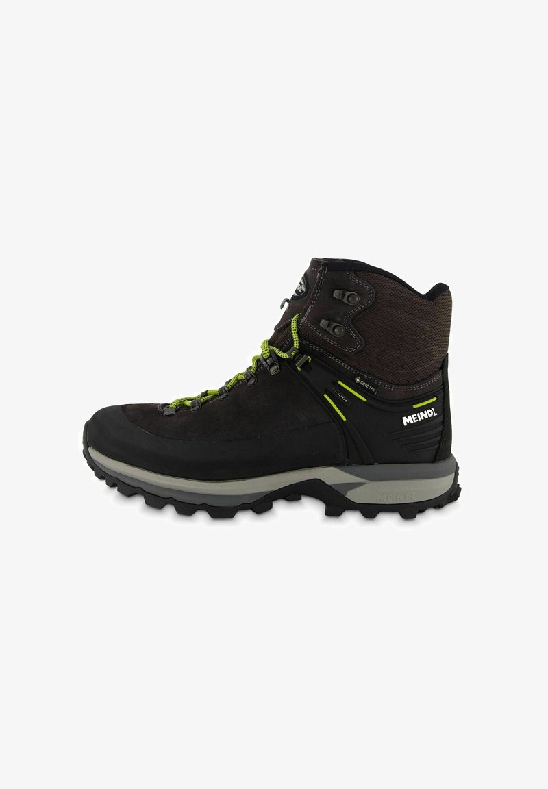 Wanderschuhe in Schwarz und Grau, mit einem Obermaterial aus Wildleder, grünen Schnürsenkeln und einer robusten Sohle mit tiefen Profilierungen für besseren Halt. Logo an der Seite.