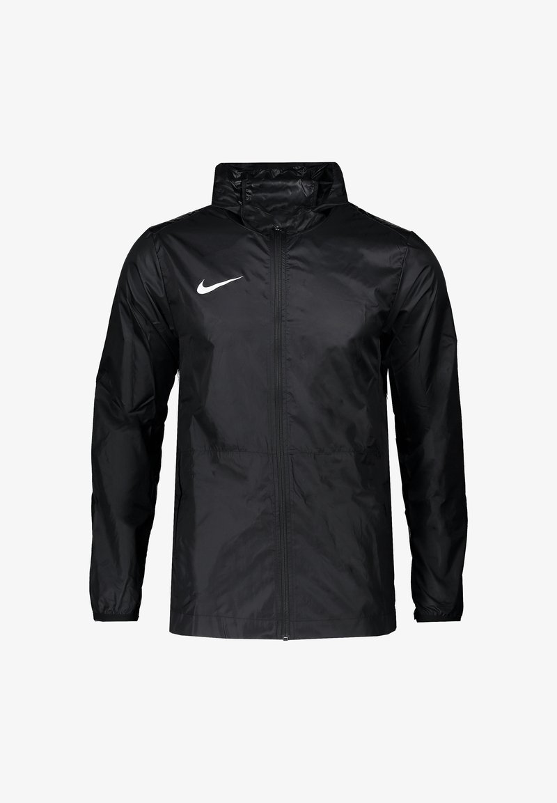 Veste légère noire Nike avec fermeture éclair complète à l'avant, col haut, et logo swoosh blanc Nike sur le côté gauche de la poitrine.