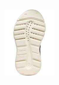 Suela de goma blanca con patrón texturizado y orificios de ventilación, con pequeña marca y detalles de patente. Diseño de punta redondeada.