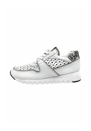White leather sneaker with perforated details, white laces, thick sole, and leopard print accent on the heel collar.